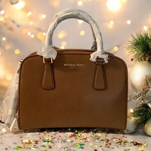 Michael Kors Leather Saddle Luggage Brown REESE Satchel Handbag Crossbody NWT
